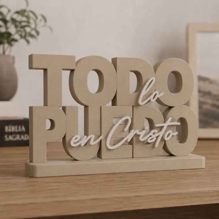 Pieza decorativa 'Todo lo puedo en Cristo' impresa en 3D sobre una mesa de madera