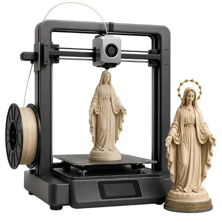 Impresora 3D imprimiendo una imagen religiosa junto a piezas ya terminadas